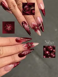 Cherry Red Floral Almond Press On Nails – Burgundy Ombre Gold Accent Set
