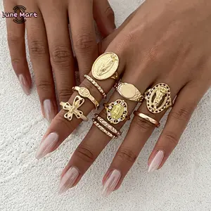 Women's 10-Pack Vintage Gold Virgin Mary Cross Rings, Chunky Stackable Boho Knuckle Jewelry Accessories, Gold Rings