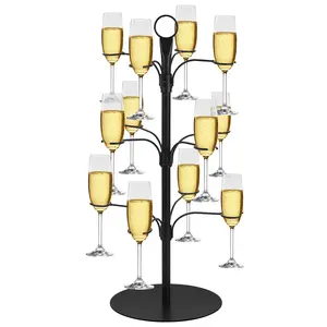 Cocktail Tree Stand for Drinks Champagne Tower Wine Glasses Holder, 3 Tier 12 Holders, Bar Home Drinks Tree Display Suitable for Gin, Cocktails, Champagne, Wine, Black