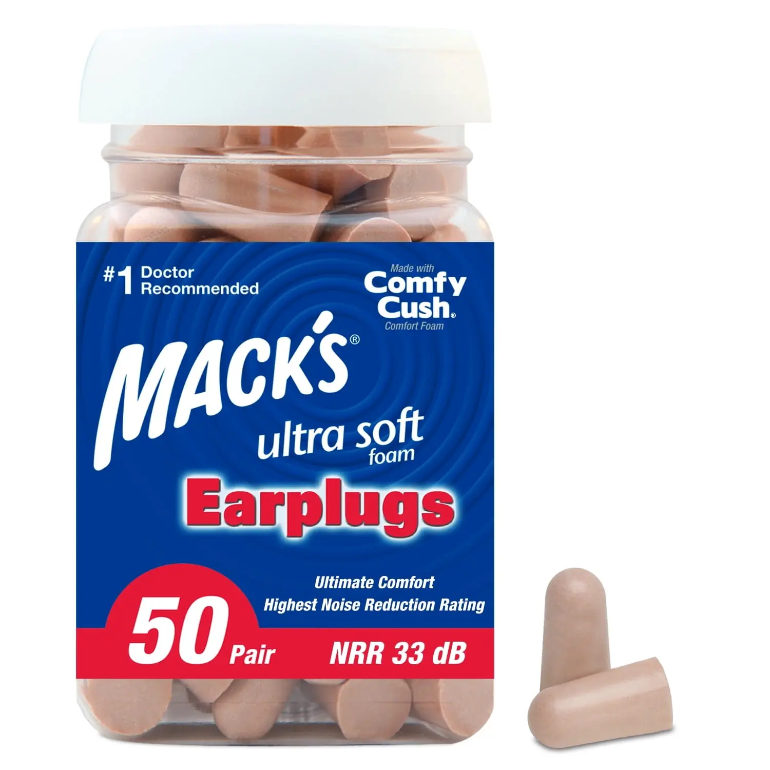 Mack's Ultra Soft Foam Earplugs, 50 Pair,33dB Highest NRR, Comfortable Ear Plugs for Sleeping, Snoring, Travel, Concerts, Studying, Loud Noise, Work.