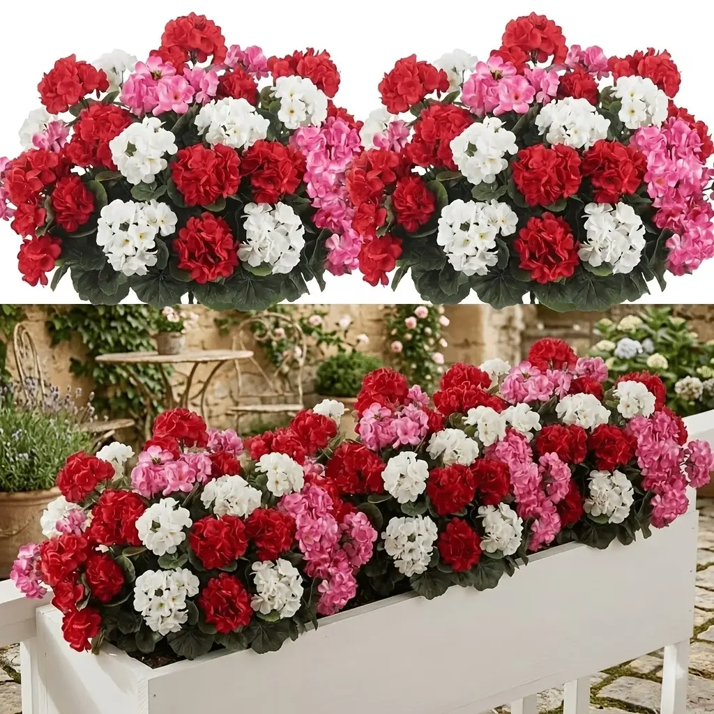 6 Bundles Realistic Geranium Silk Artificial Flowers, UV Resistant Fade-Proof, Outdoor Decor for Balcony Garden Home Hotel, Easter Mother's Day Wedding