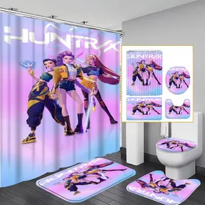 4-Piece Modern Bathroom Curtain Set, Colorful Background Shower Curtains, Includes 12 Hooks, Non-Slip Toilet Mat & U-Shaped Seat Cover, Shower Curtain Sets