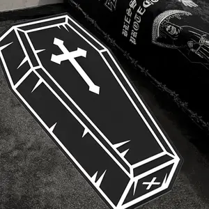 Gothic Style Coffin Shape Cushion Floor Mat Decorative Rugs with Skull Design, Three Color Options, Unique Irregular Shape for Bedroom and Living Room Decor, Halloween Christmas Decoration