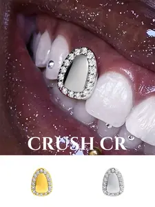 CRUSH CR Minimalist 14K Gold Plated Teardrop Tooth Cap Grillz for Women Sleek Iced Out Border with Polished Center, Hypoallergenic Removable, Ideal for Office Wear Date Nights, Brunch Everyday Styling, Subtle Luxe Dental Jewelry
