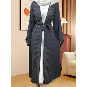 Women's Plain Rhinestone Decor Open Front Lounge Dress, Casual Long Sleeve Tie Front Lounge Robe, Ladies Sleepwear for All Seasons