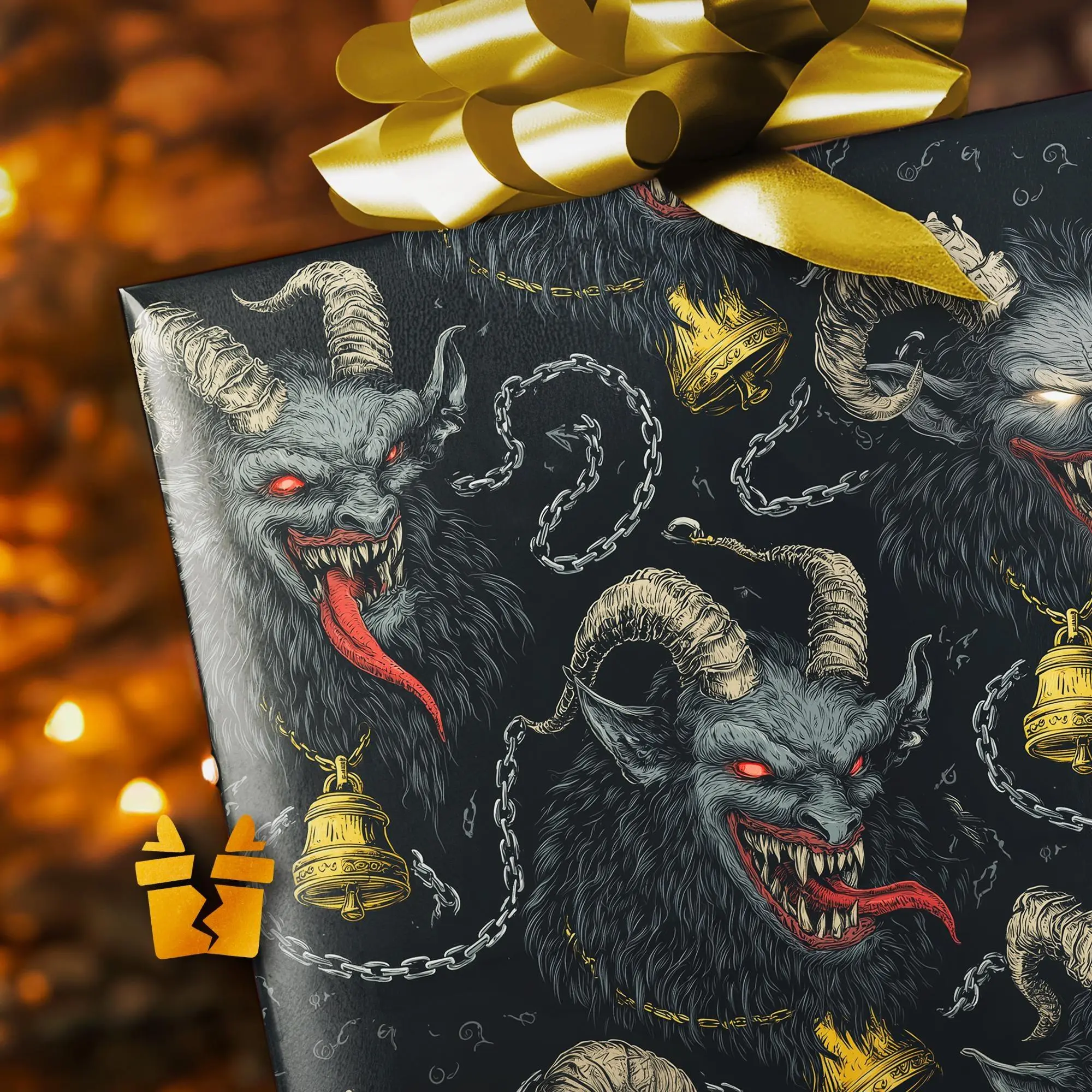 Krampus Christmas Wrapping Paper, Dark Holiday Gift Wrap, Evil Goat Demon Present Paper with Gothic Bells and Spooky Creepmas Aesthetic