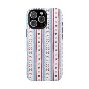[Magnetic Case]4th of July Aesthetic Phone Case, Patriotic Coquette USA Flag  iPhone Case, Cute Red White Blue Bow Gingham Cover, Independence Day Gift