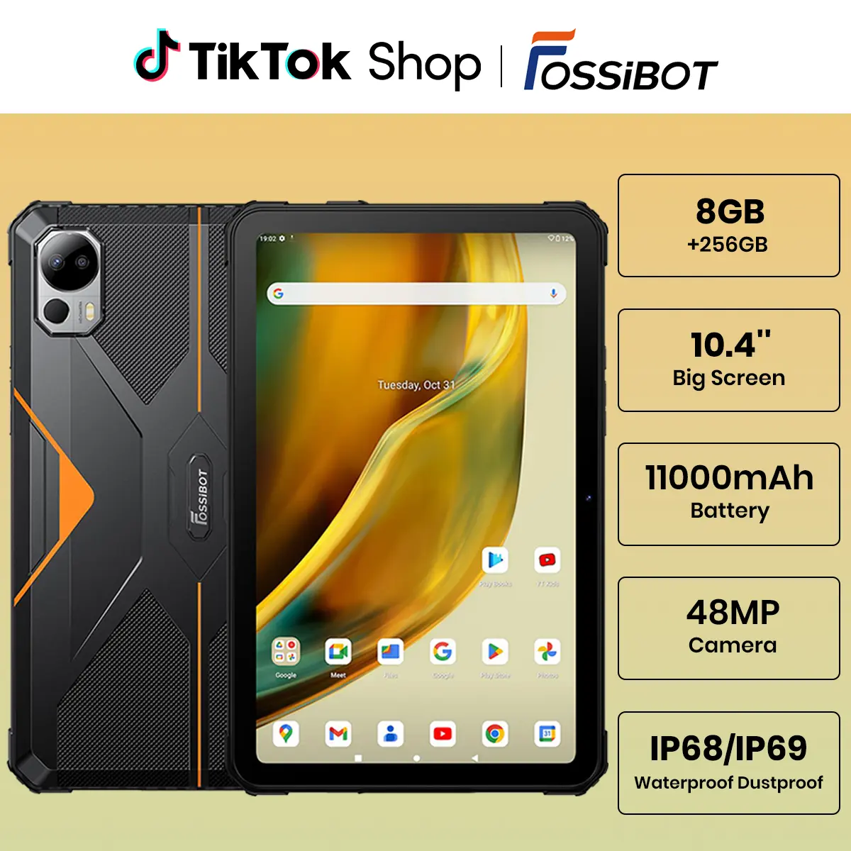 FOSSiBOT DT1 Rechargeable Android Tablet, Handheld Portable Touchscreen Tablet with 16GB RAM+256GB, 48MP+16MP Camera, 10.4in 2K Display, 11000mAh Battery, IP68, Octa-Core CPU, 18W Fast Charging, Back to School