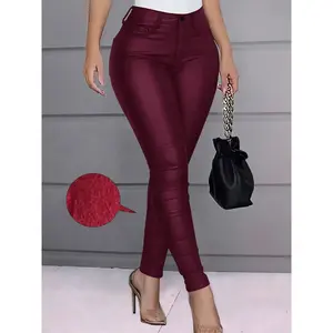 High-waisted smooth skinny pants in PU leather for punk music festivals; women’s fashionable tight-fitting mid-calf leggings; stylish streetwear; womenswear