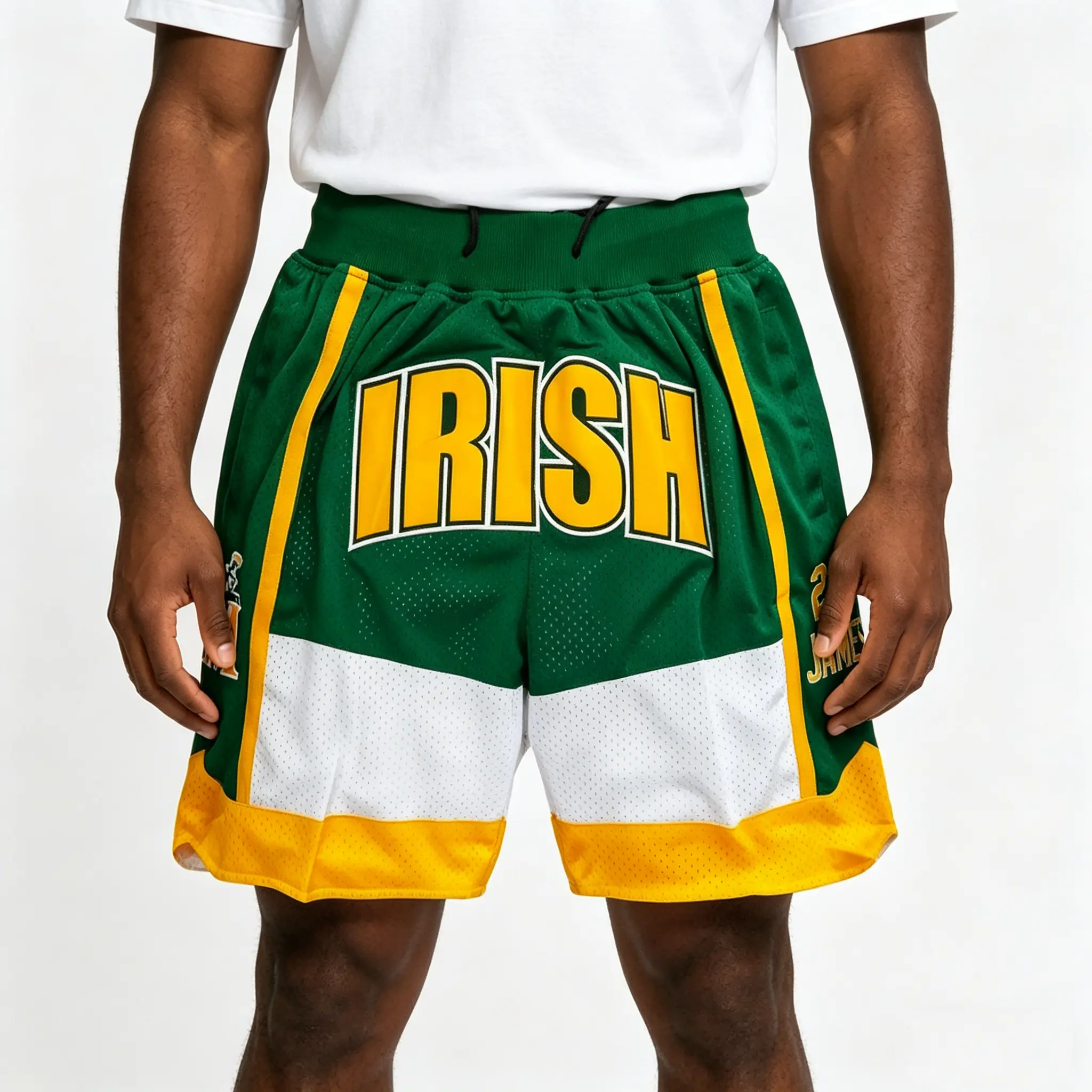Men's #23 James Irish Basketball Shorts - Sewing Embroidery, Big Size (S-XXL), Mesh Breathable Fabric, Loose Vintage Classic Activewear Men's Sports Shorts for Training & Match Day, High-Quality Green Apparel, Breathable Fabric Men's Sports Shorts