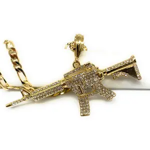 Men Gold Plated Iced Out Cueno de Chivo Ak-47 Machine Gun Pendant 26 inch figaro chain