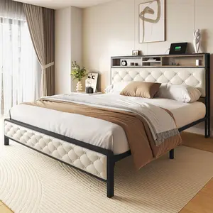 Queen/King Size Bed Frame with Charging Station Upholstered Storage Headboard & Footboard Metal Slats Supports Mattress Foundation No Box Spring Needed Beige