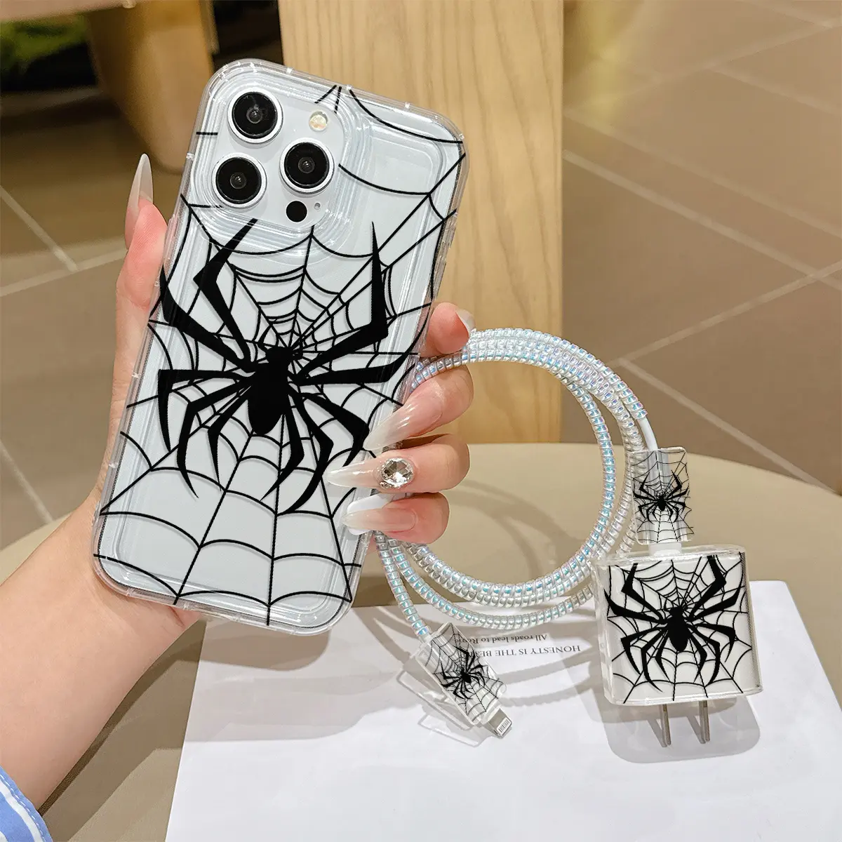 6 Piece Set Airbag Transparent Spider Web Shockproof Protective Phone Case, Charger Head Cover, Cable Protector, Storage Rope, Data Line Protection for iPhone