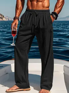 Men's Casual Loose Fit Linen Trousers, Solid Color Relaxed Beach Pants for Everyday Wear, Casual Comfy Pants