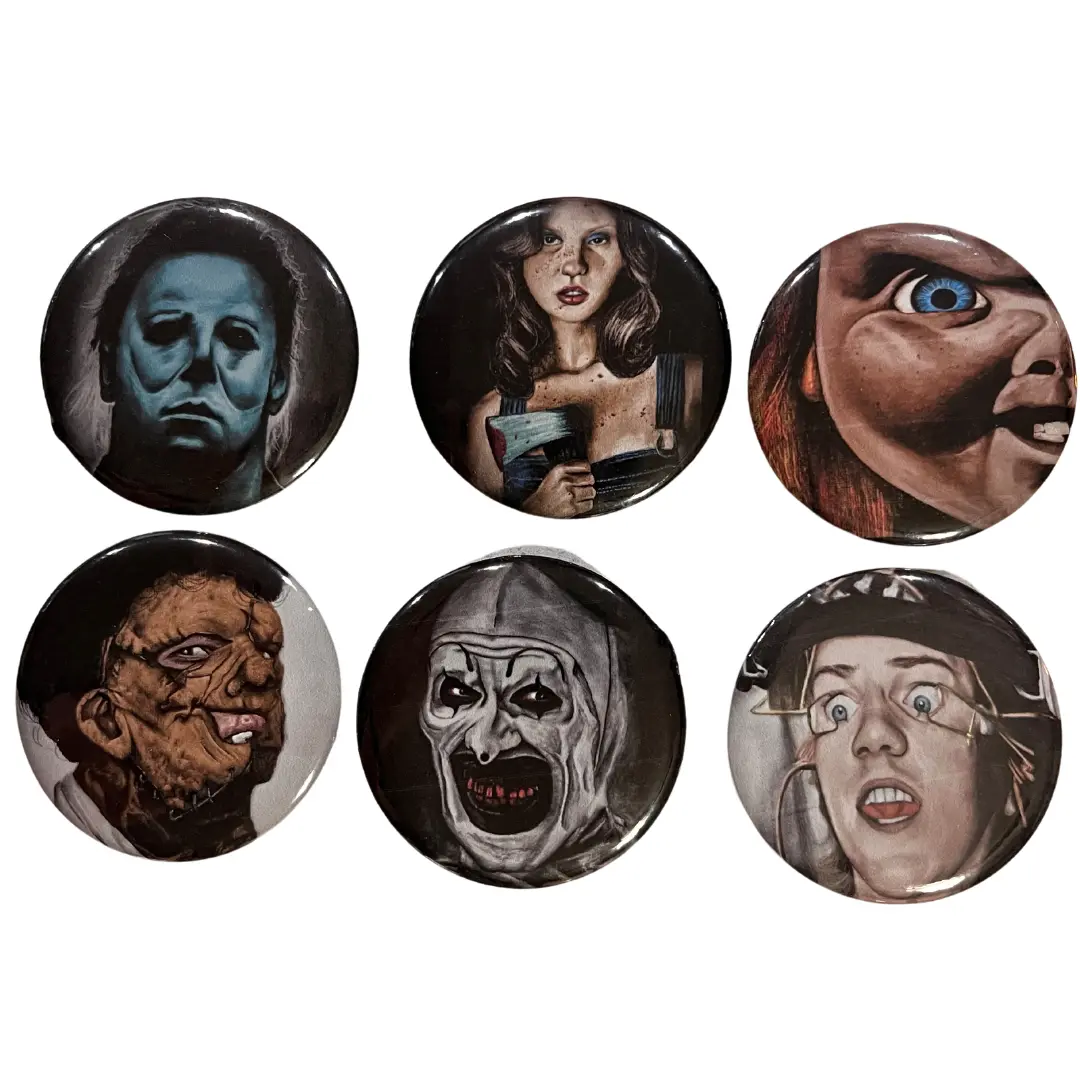 Charcoal Horror Movie Inspired Portrait Art Button Pin Back - 2.25 Inches