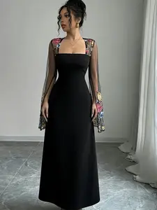 A women's black stylish elegant chic new square neck embroidered mesh long sleeve dress, Formal Wear, suitable for summer, suitable for evening parties, weddings, and balls