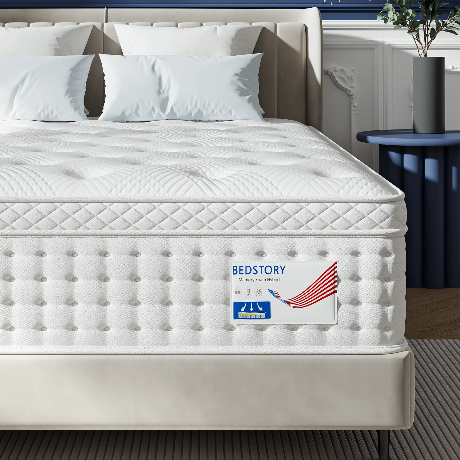 BedStory 12 Inch Hybrid Mattress, Twin Full Queen King Bed, Medium Firm Memory Foam, Pocket Springs for Quiet Sleep Home White