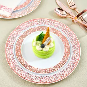 Rose Gold Lace Elegant Plastic Plates Set, 24pcs/48pcs, Thick Disposable Dinnerware Wedding Banquet Tableware, Includes 10.25 Inch Dinner Plate & 7.5 Inch Salad Bowl