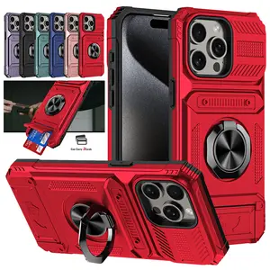 Card Slot Phone Case for iPhone 16 15 14 13 12 11 Pro Max with Card Holder Wallet 360 Magnetic Ring Stand, Dual Layer Shockproof  Protective Phone Case