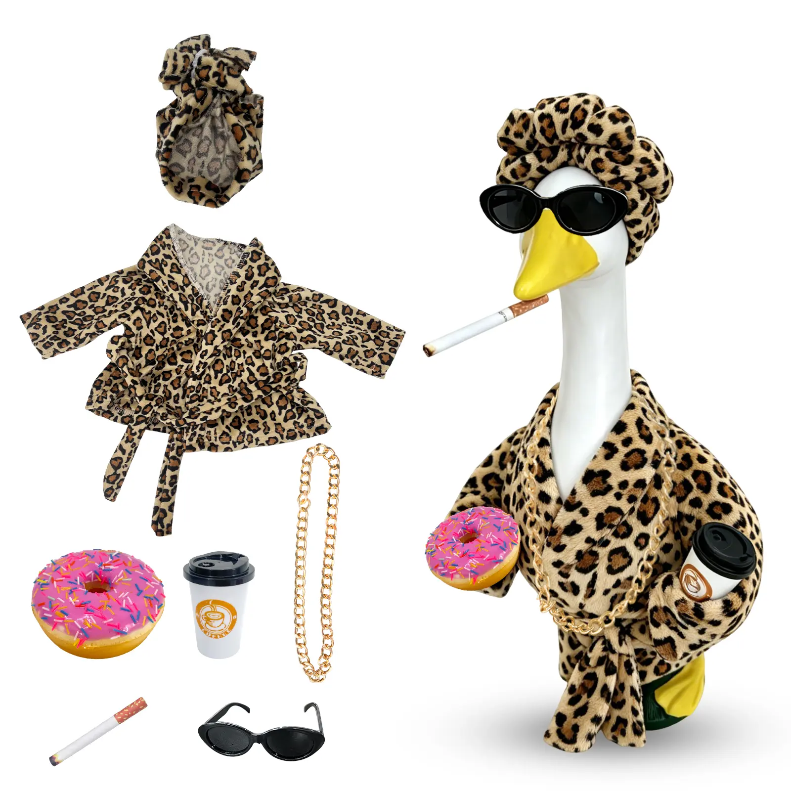 Lady Porch Goose Bathrobe Set – With Curlers, Funny Summer Costume for 23" Lawn Goose, Garden Decor