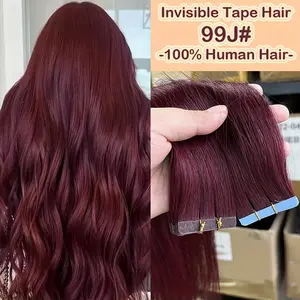 2025 Hot Wholesale 99J #   Invisible Tape in Human Hair Extensions 30g/pack - Burgundy Real Natural Straight Hair for Women, Seamless Blend, Easy Application, Adds Volume & Length, Suitfor White Individuals
