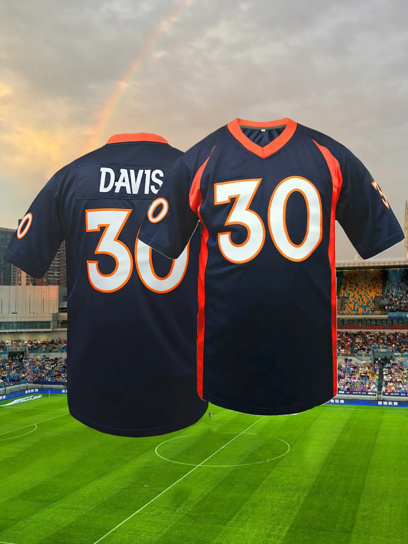 Men's Embroidered American Football Jersey, Broncos #30 Rugby Jersey, V-Neck Short Sleeved Shirt Party Game Training Competition Sports Top Football Shirts, Casual Sports Top, Short Football Jerseys, Athletic Tops