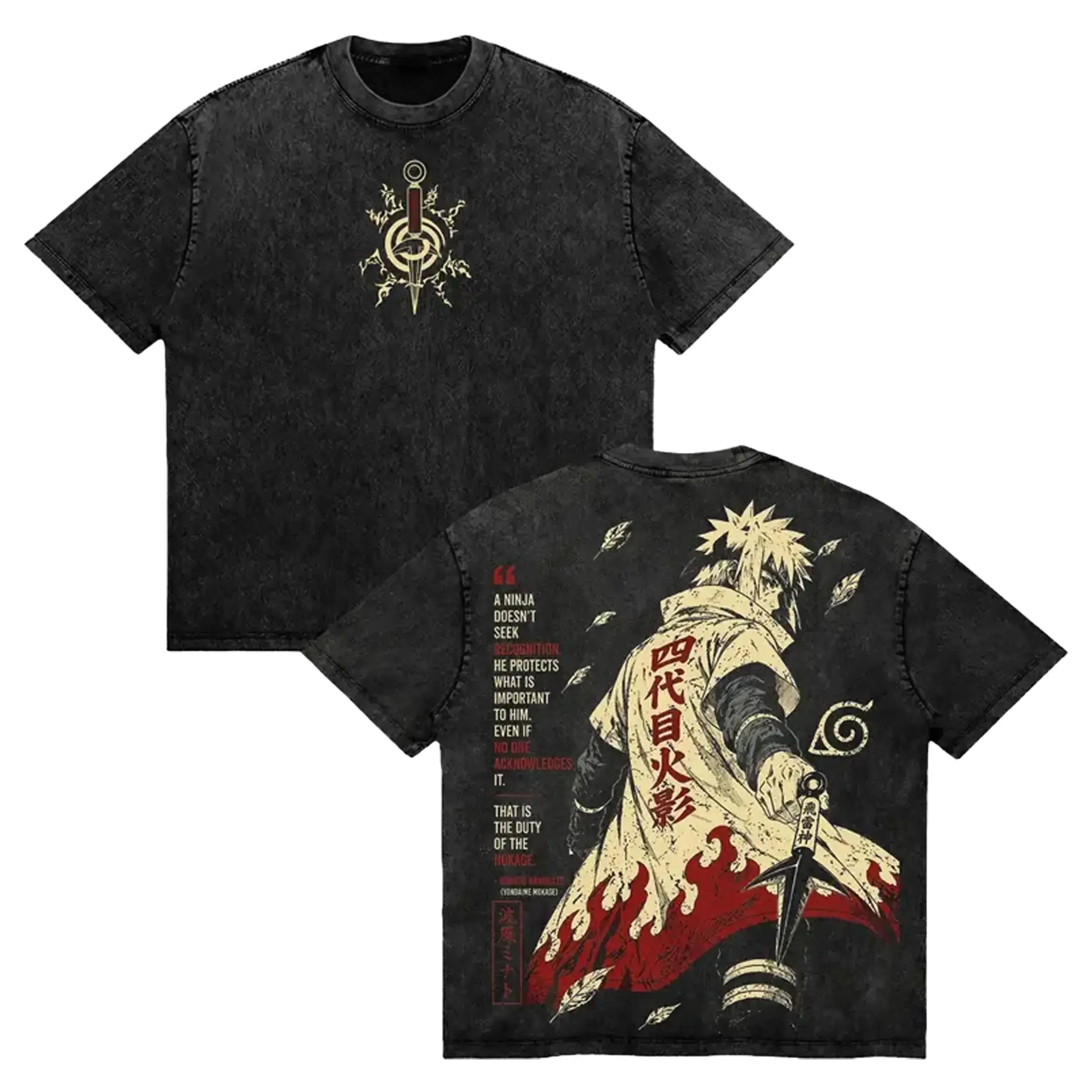 Men's Cotton Minato Namikaze 4th Hokage Vintage Washed Naruto Shippuden Graphic T-Shirt, Yellow Flash of the Leaf Ninja Manga Streetwear Top, Unisex Retro Fan Gift