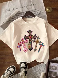 Women's Milk Silk Fabric Breathable Comfortable Fitted T-Shirt, Short Sleeve Cross Pattern, Casual Fashion Youth Trend