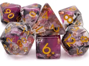 Swirled Purple Black Clear Resin Polyhedral Dice Set with Copper Flakes, 7-Piece Nebula DnD RPG Dice Set, Included Black Velvet Bag