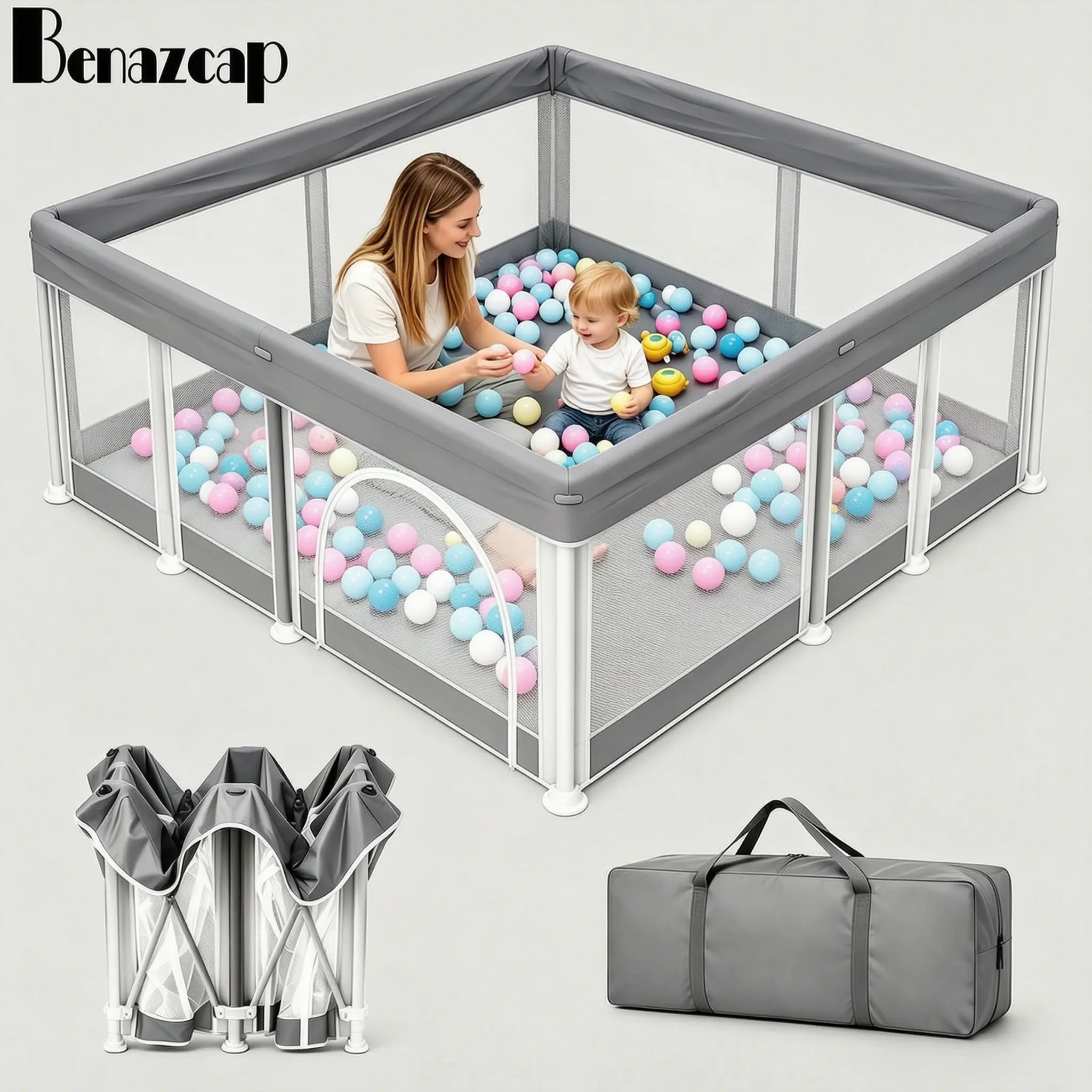 Benazcap Extra Large Foldable Baby Playpen – Breathable Mesh Play Yard for Toddlers, Portable Indoor/Outdoor Activity Center with Safety Fence, Quick-Folding Play Area