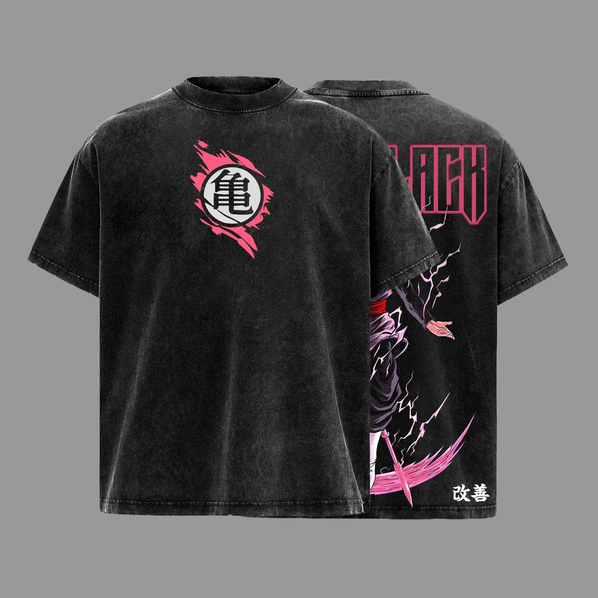 Burakku x Zamasu Vintage Washed Anime Tee | Dark Pink Aura Warrior Shirt | Powerful Energy Fighter Graphic Back | Streetwear T-Shirt | Manga Inspired Design | Cool Gift for DBZ Fans