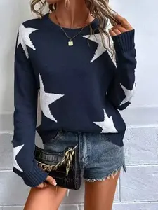 Women's Fashion Drop Shoulder Long Sleeve Knit Sweater, Spring Fall New Arrival, Star Pattern Round Neck, Loose-Fitting, Casual, Elegant Style Knitwear