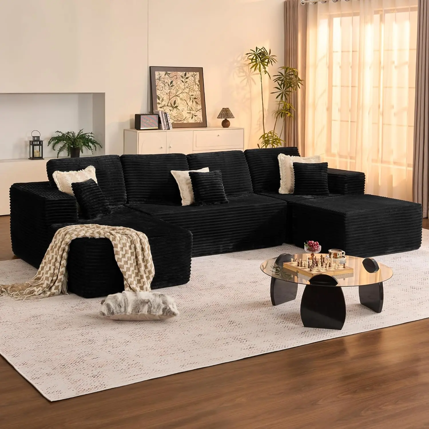 ModMood Boneless Sectional Couch for Living Room – 133" U/L-Shaped Cloud Couch, Corduroy Modular Sectional Couch with Ottoman, Cozy Deep Seat Couches for Living Room, 7 Free Pillows, 【2 Packages】