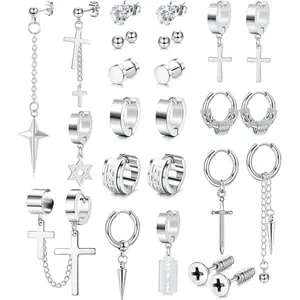 JSTYLE 12Pairs BESTEEL Mens Earrings Stud Earrings Set Stainless Steel Hoop Earrings Dangle Cross Earrings Fashion Black Kpop Punk Earrings Silver Gold Black Earrings Set for Men Women Daily