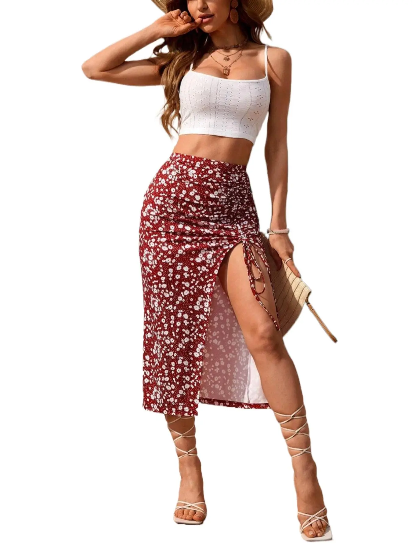 Women's Plain Crop Cami Top & Ditsy Floral Print Skirt Two-piece Set, Sleeveless Cropped Top & Split Hem Skirt, Casual Boho Bohemian Summer Outfits Clothes Set for Beach Holiday Vacation Boho Outfit Sets Summer Matching Set