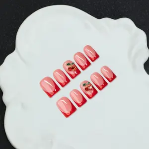 10pcs Square Shaped Handmade Nail Tips, Stylish Acrylic Nails, Y2K Baddie Style, Nude & Red Color French Tip With Cherry Element Design, Suitable For Women & Girls, Party, Daily Wear, Includes Set, Great Gift For Ladies Nails Handmade Press On Nails