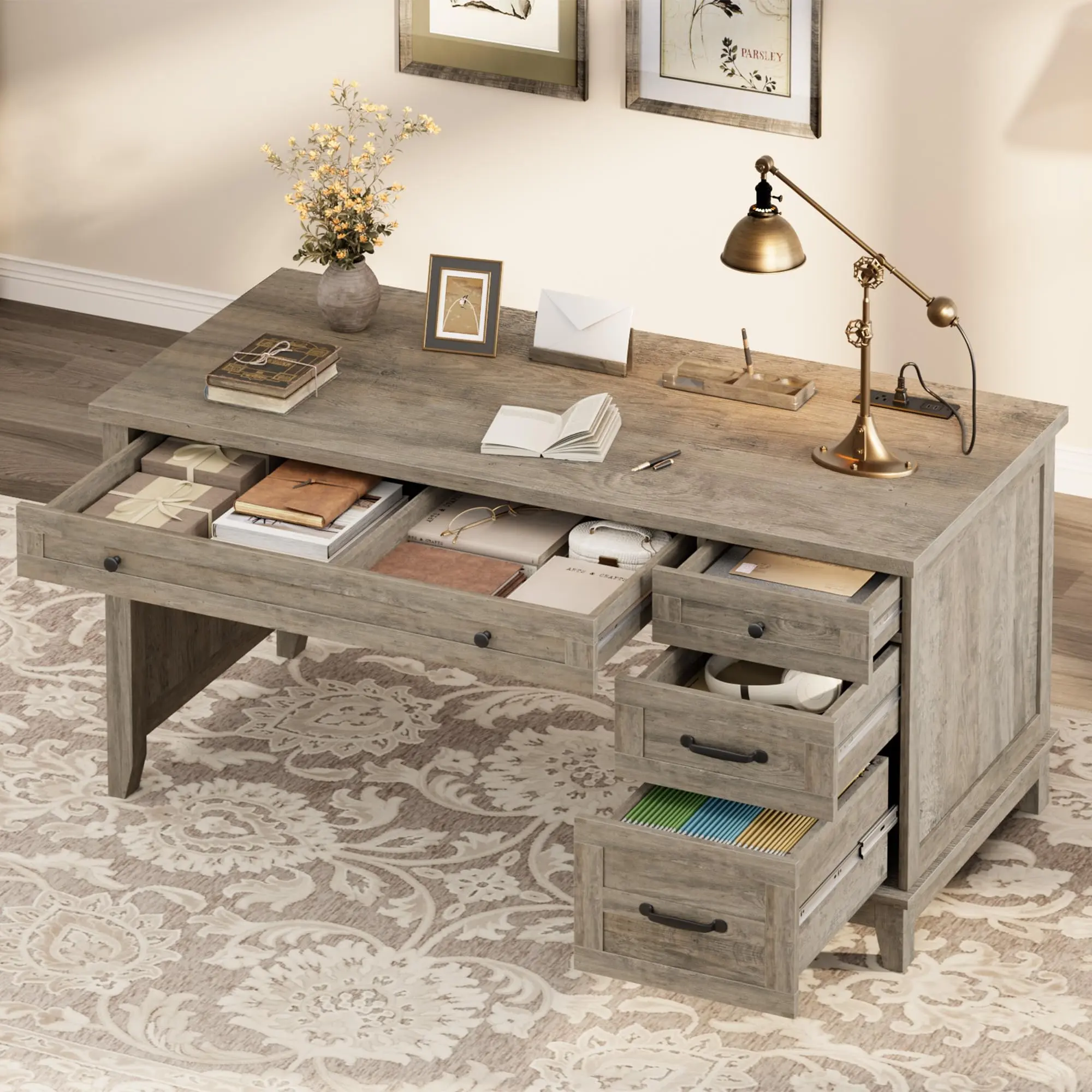 Farmhouse Executive Desk with Drawers, 53.54 in Home Office Desk with Charging Station, Wooden Computer Desk with File Cabinet Storage for Work Study Writing, Rustic Gray