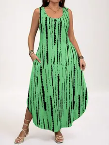 Women's Plus Size All Over Print Pocket Split Tank Dress, Casual Sleeveless U-Neck Long Beach Dress for Summer