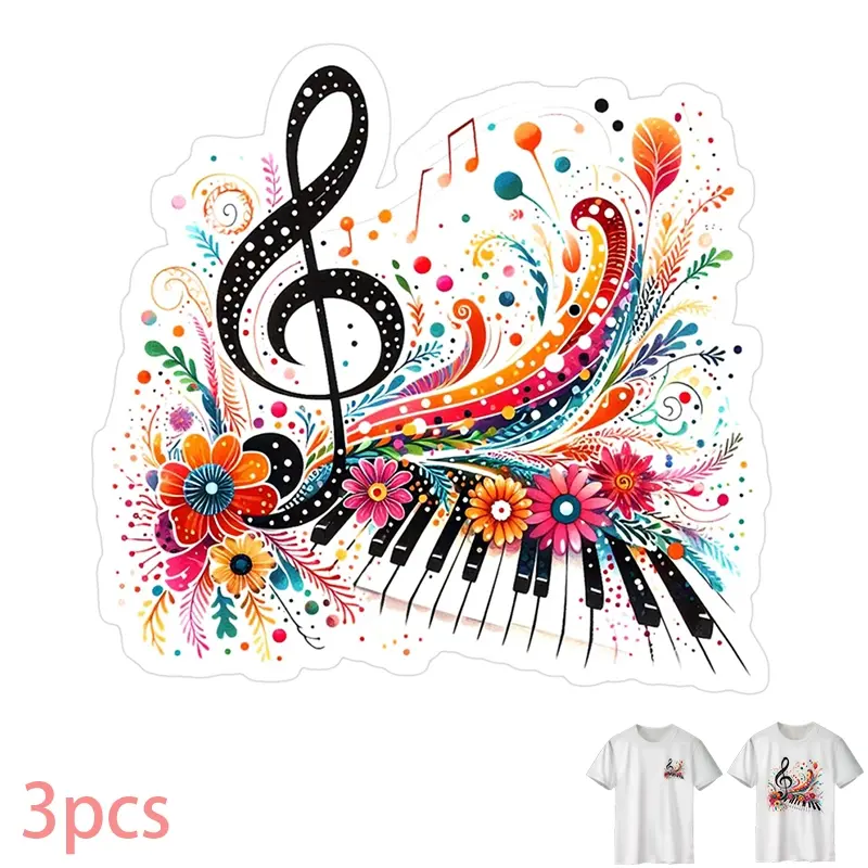 Music & Flowers DIY Heat Transfer Vinyl Stickers for T-shirts, Jeans, Hoodies, Backpacks - Durable PVC, Washable Iron-On Decals, Pattern Only