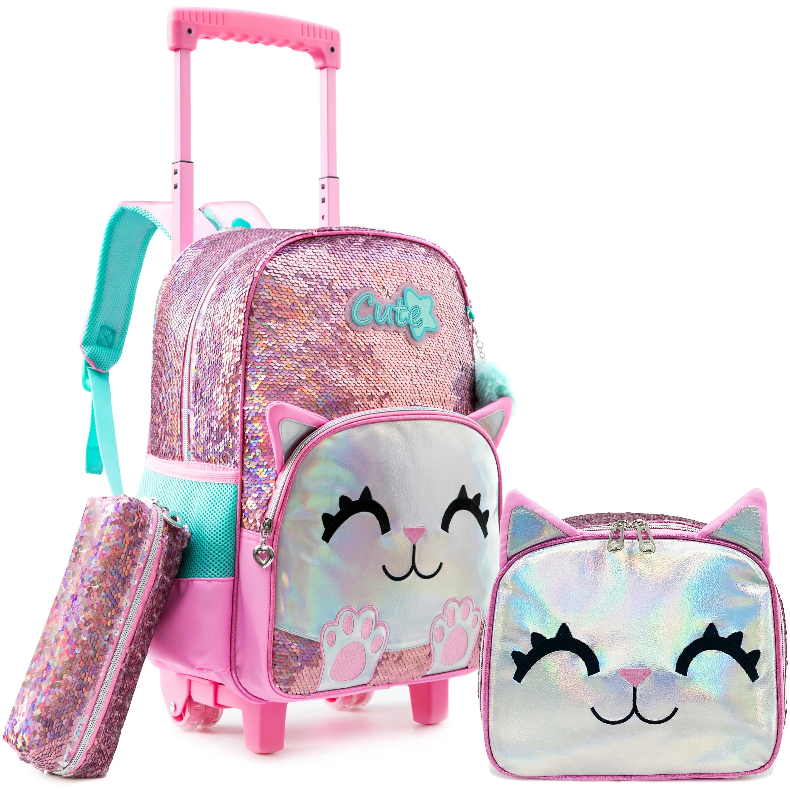 Cute Sequin Cat Rolling Backpack Set for Girls | 3-in-1 Backpack + Lunch Bag + Pencil Pouch | Sparkle Design | Back to School Essentials kid