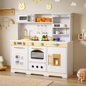 Play Kitchen for Kids Pretend Play Kitchen with 21 Pcs Toys Wooden Play Kitchen Set for Ages 3+ White & Gold