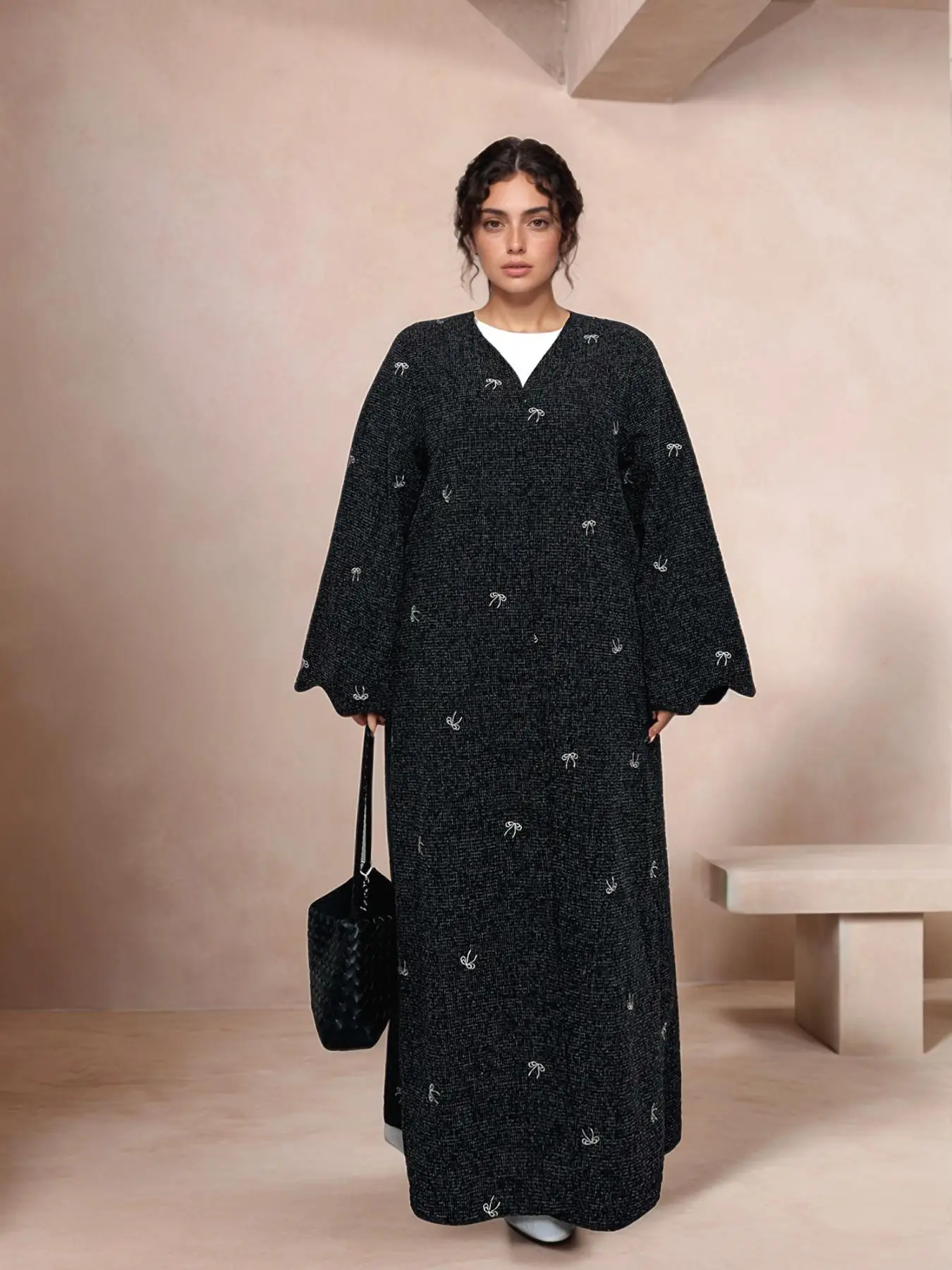 Women's Bow Embroidery Scallop Trim Long Sleeve Open Front Abaya, Modest Casual Comfy Abaya Dress for Daily Outdoor Wear, Ladies Islamic Clothing for