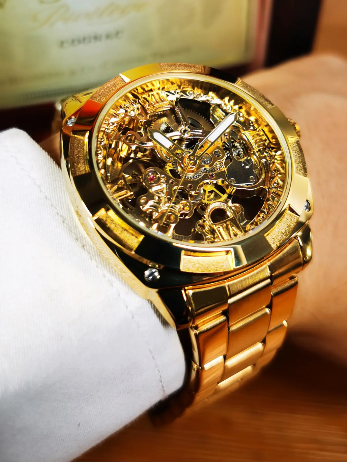 1Pc Luxury Skeleton Automatic Mechanical Watch for Men, Luminous Hands, Stainless Steel Strap, Business Casual Square Retro Design, Festival Gift with Box