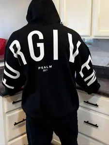 1 Pc Men's Minimalist Faith-Based Fitted Long Sleeves Hoodie, Bold "FORGIVEN" Text Design with Scriptural Reference, Soft Breathable  for Casual Wear and Spiritual Gatherings, Perfect for Young Christians, Pockets, Sweatshirts