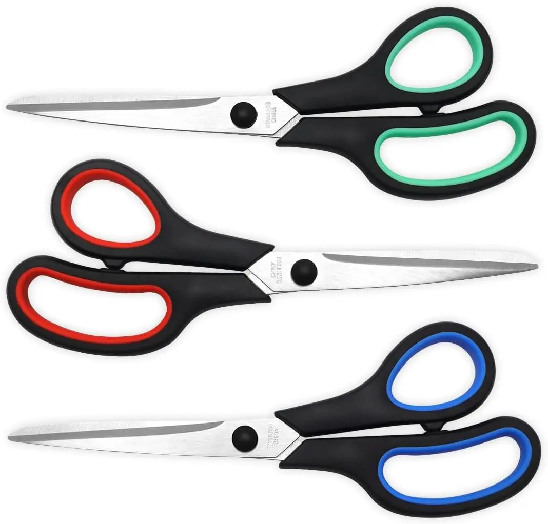 Ambidextrous Heavy Duty Scissors, 3-Pack 8.5in 2.5mm Ultra-Sharp Stainless Steel Blades, Ergo Grip Handles, Classroom Supplies, Office Cutting Supply for Crafts, Teachers