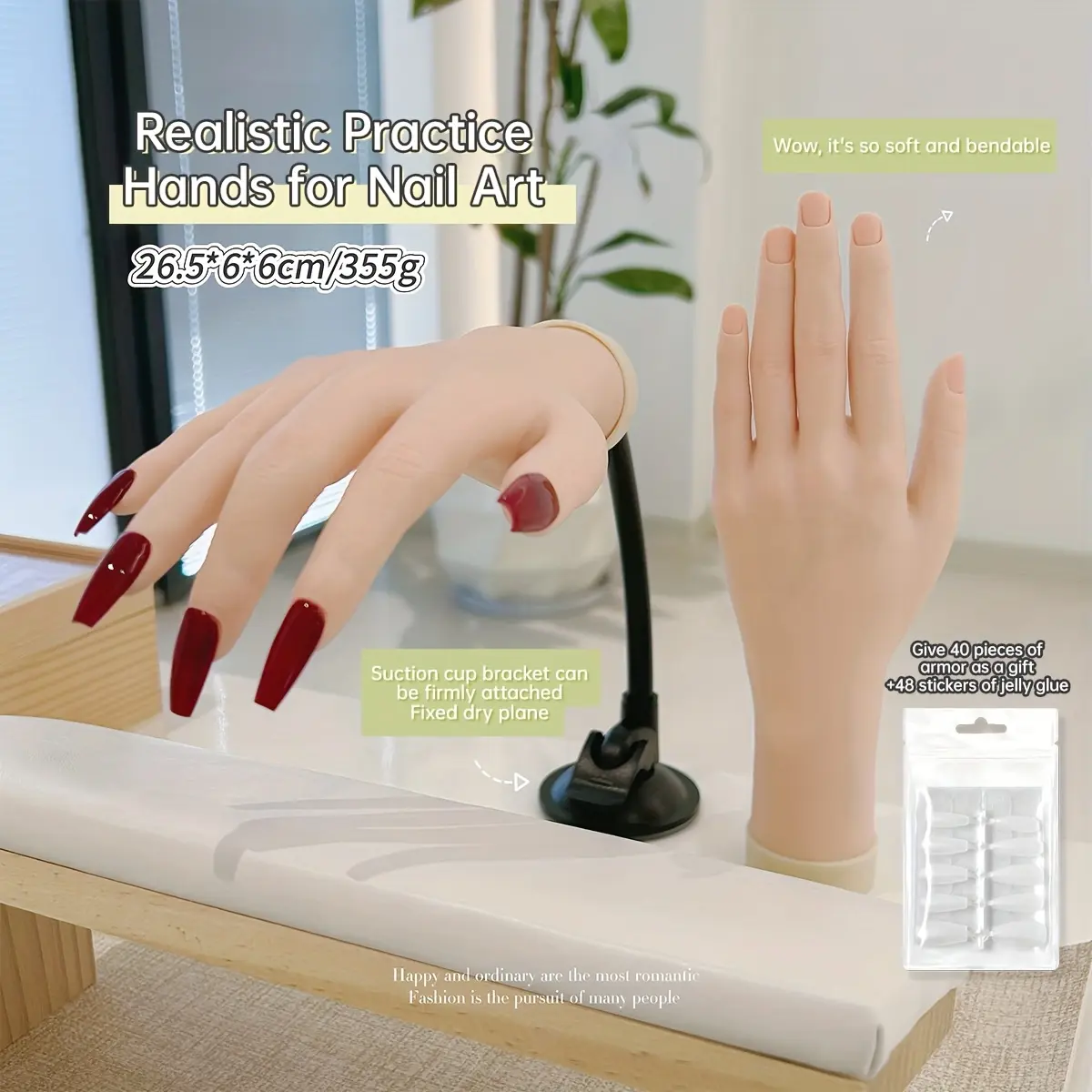 A multifunctional artificial hand model designed specifically for nail art practice, featuring soft fingertips, realistic press-on nails, and a gel-like material., Nail Art Accessories, Manicure