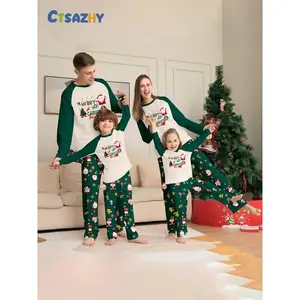 Family Christmas Pajamas Set, Reindeer Print Sleepwear for Fall & Winter, Casual Home Wear, Fitted Thin Fabric, Comfortable Daily Use