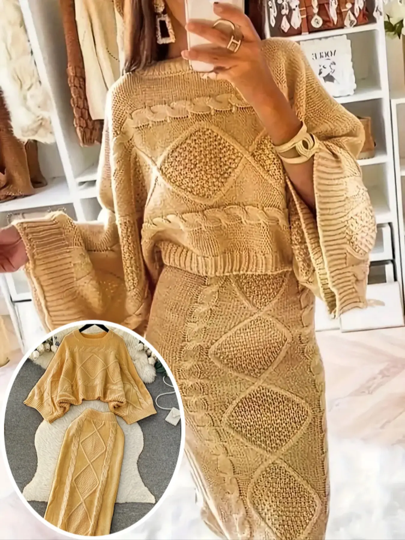 Autumn Winter Round Neck Knitted Sweater Half Body Skirt Two-Piece Set, Casual Style Long Sleeve Top & Bottom for Women Outfit
