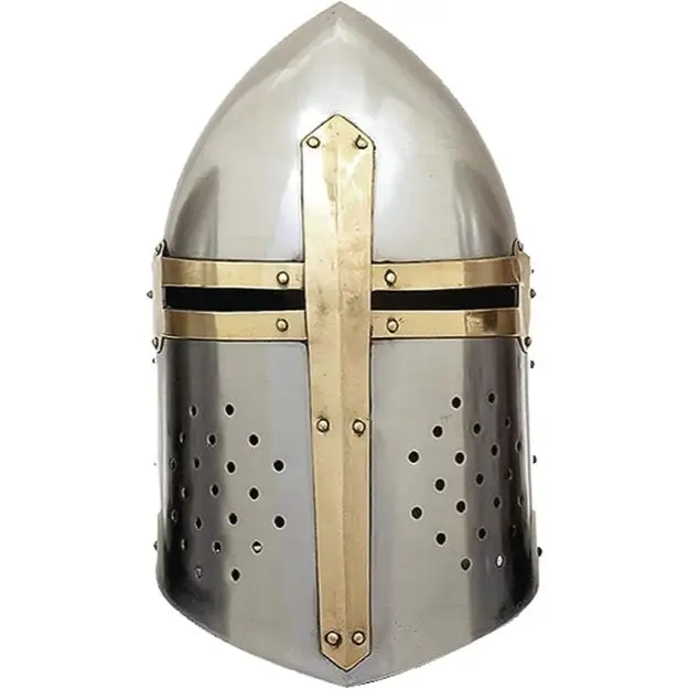 Medieval Warrior Menswear Adult Fit Sugarloaf Crusader Helmet - 18g Steel & Brass Armor with Gold Cross, Leather Accents, Wooden Display Stand - Cosplay Gear for Historical Reenactment Costumes, Medieval Armor Costume Accessories, Cap, Costume Prop, Metal