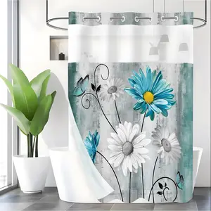 LVRLVR 1pc Rustic Teal Floral Daisy Butterfly Shower Curtain with Sheer Top Window, Detachable Liner & No Hook C-Ring, 70.8" x 74"